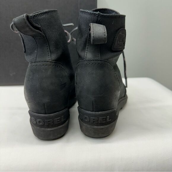 Sorel Evie II black lace up booties boots women's 8.5 leather and canvas - Picture 4 of 7
